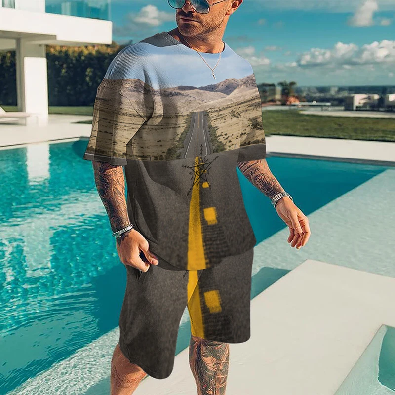 New Men's T-shirt Set Summer Outfits Harajuku 3D Print Casual Sports T-shirt Round Neck Retro Short-sleeved Top Tracksuit Suit