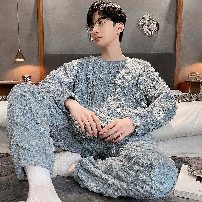 2022 Winter men's pajamas with fleece and thickened men's pajamas suit large size home wear coral fleece suit
