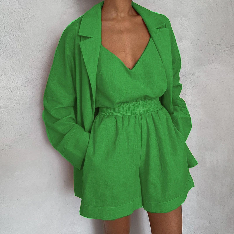 

Summer 3PCS Casual Loose Holiday Outifits Fashion Women Short Sets Spring Long Sleeve Shirt Trousers Suits Beach Matching Sets