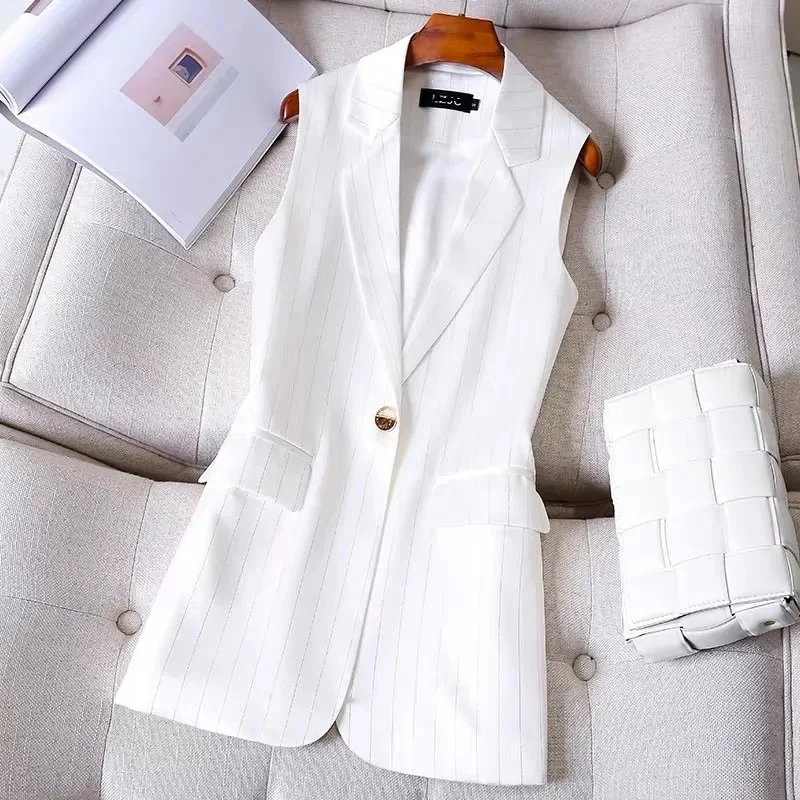 Women's Vest Jacket 2022 New Fashion Striped Single Button Sleeveless Blazer Vest Coat Korean Slim Femme Waistcoat Tops M-4XL