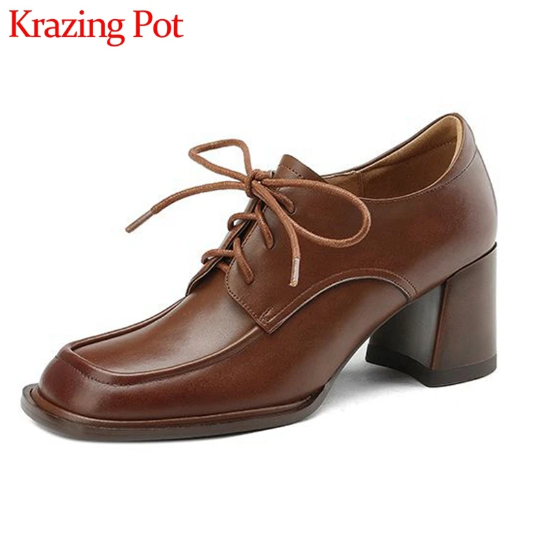 

Krazing Pot Full Grain Leather Square Toe Big Size 42 Spring Brand Shoes High Heels Preppy Style Cross-tied Neutral Women Pumps