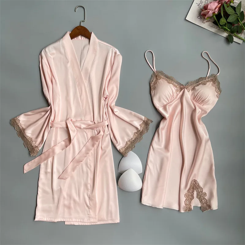 

2PCS Sleepwear With Lace Kimono Robe Gown Summer Women Sleepdress Sexy Nightwear Bathrobe Chemise Nightgown Lingerie