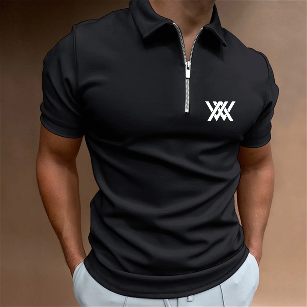 

Новинка 2023, мужская рубашка-поло, летняя высококачественная повседневная одежда для гольфа, мужская рубашка в полоску с короткими рукавами, футболка на молнии с лацканами