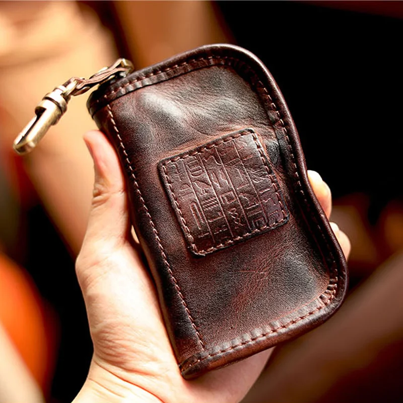 

AETOO May Khaki vintage Ox pickup key all-in-one bag men's leather car key bag storage bag Multifunctional coin purse