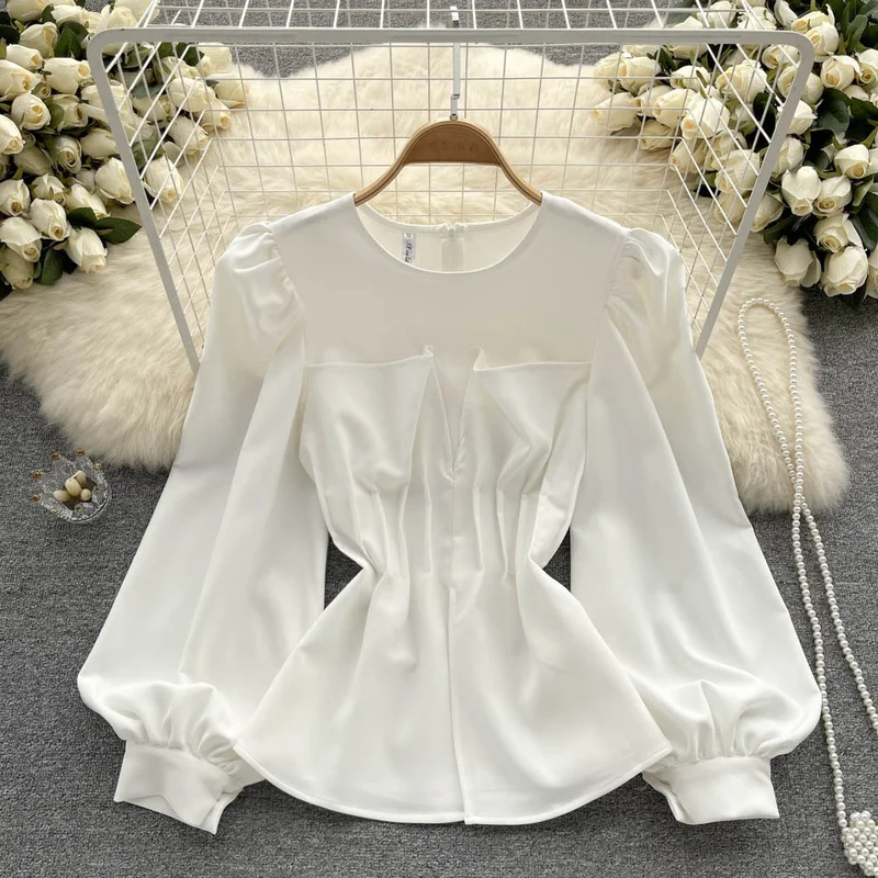 

Hikigawa Chic Fashion Women Tops Gentle Lartern Long Sleeve O Neck Casual Shirts Autumn Solid Slim Waist Sweet Blouse Top Mujer