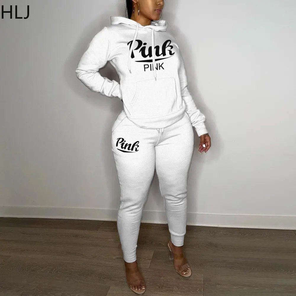 

HLJ Casual Hooded PINK Letter Print Tracksuits Women Long Sleeve Top + Jogger Pants Sets Two Piece Fashion Sport 2pcs Streetwear