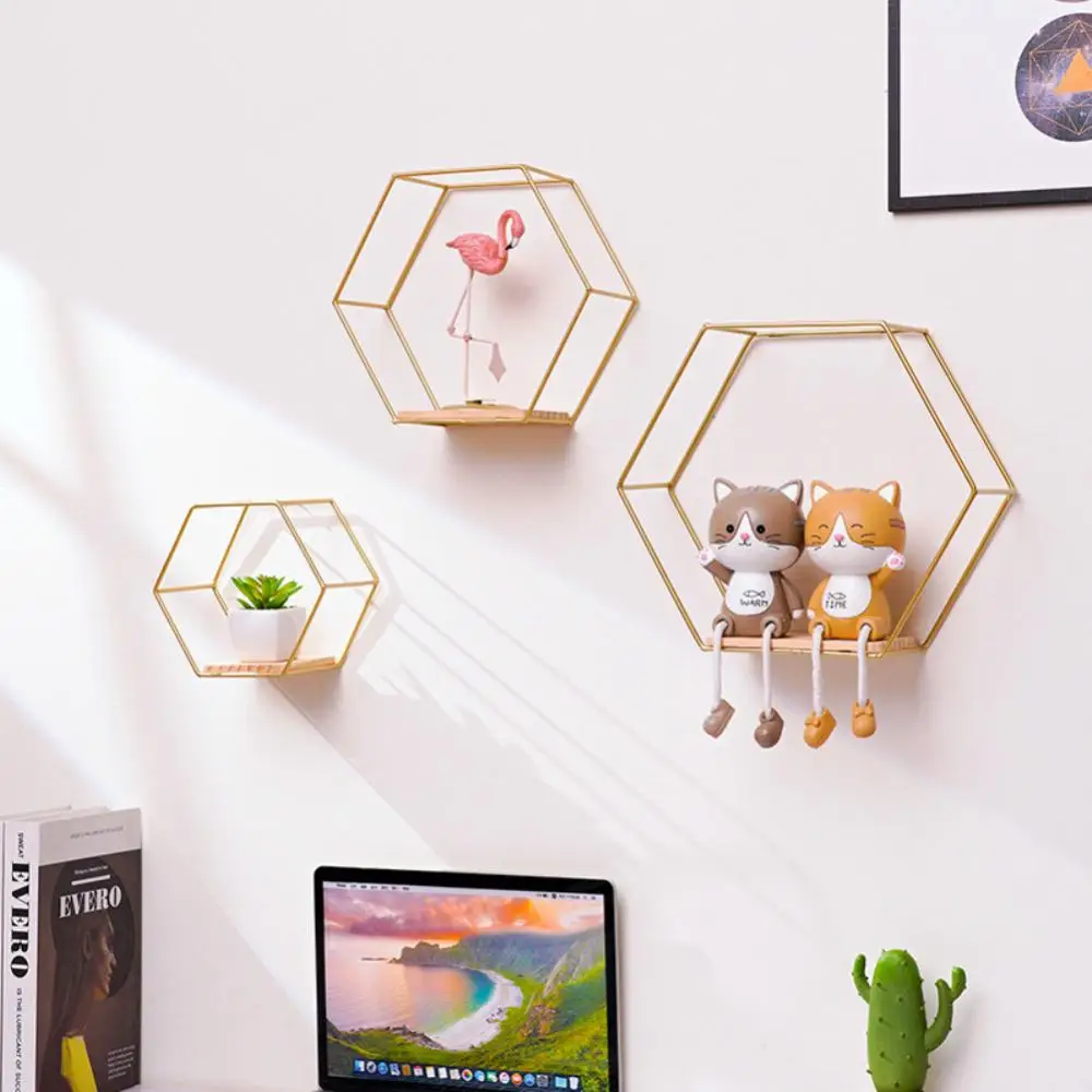 

Wall Mounted Hexagon Shelves Metal Framed Gold Storage Holder Rack With Wooden Floor Wall Storage Living Room Home Decoration