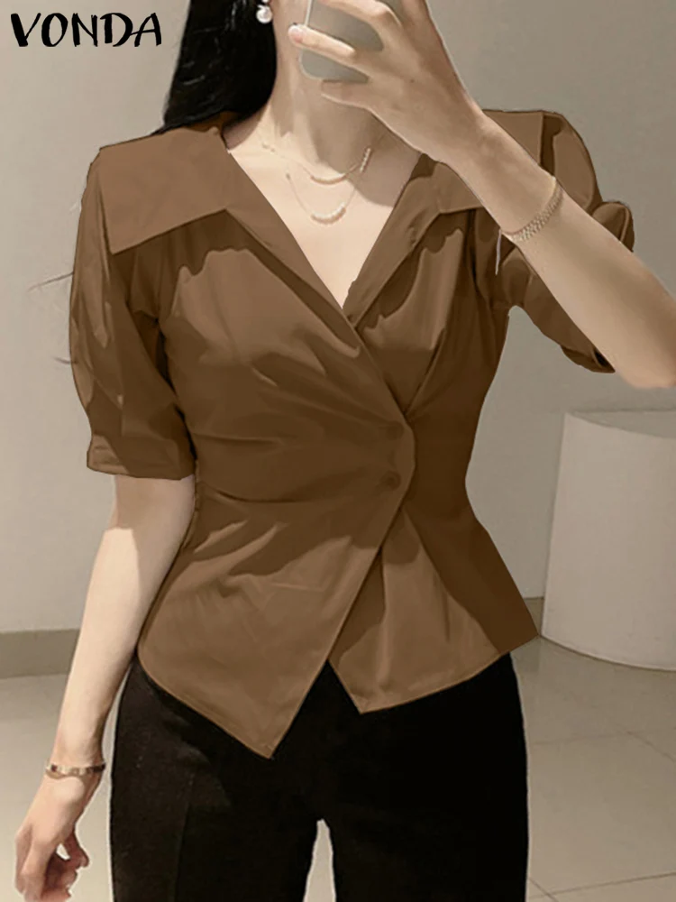 

2023 VONDA Summer Fashion Women Elegant Tunic Shirts Short Puff Sleeve Solid Color Tops Lapel Blouses Casual Loose Office Blusas