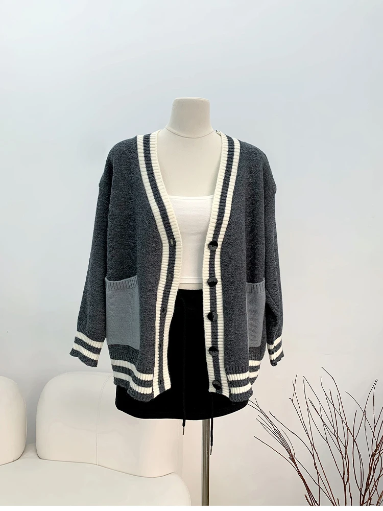 Женский серый кардиган в стиле Харадзюку свитер с длинным рукавом и V-образным