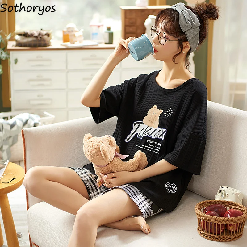 

Women Pajama Sets Short Sleeve Tops and Shorts Summer Thin Printed Sleepwear Loose Stylish Soft Simple Sweet Korean Casual Chic
