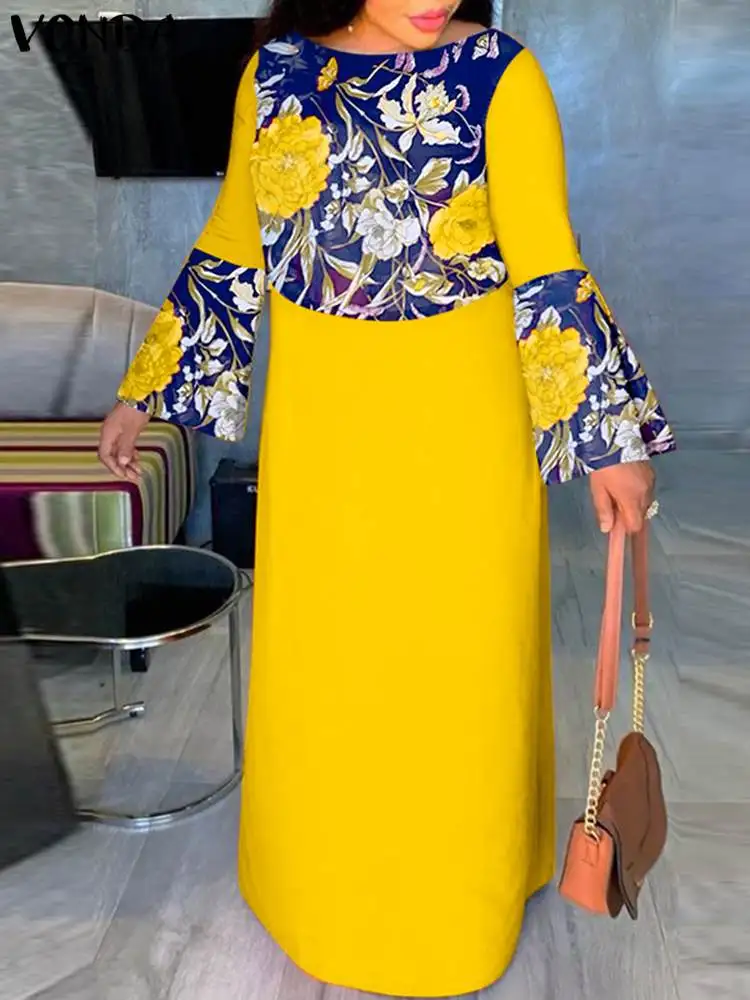 Plus Size 5XL 2023 Women Dress Sundress VONDA Casual Street Loose Long Sleeve Beach Dress Vintage Printed Maxi Long Vestidos