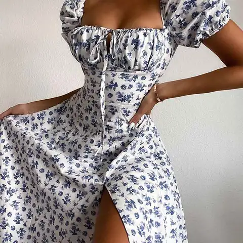 Sexy Floral Print Dress Women Elegant Square Neck Puff Sleeve High Split Long Dress 2023 Summer Casual Outfit Party Chic Vestido
