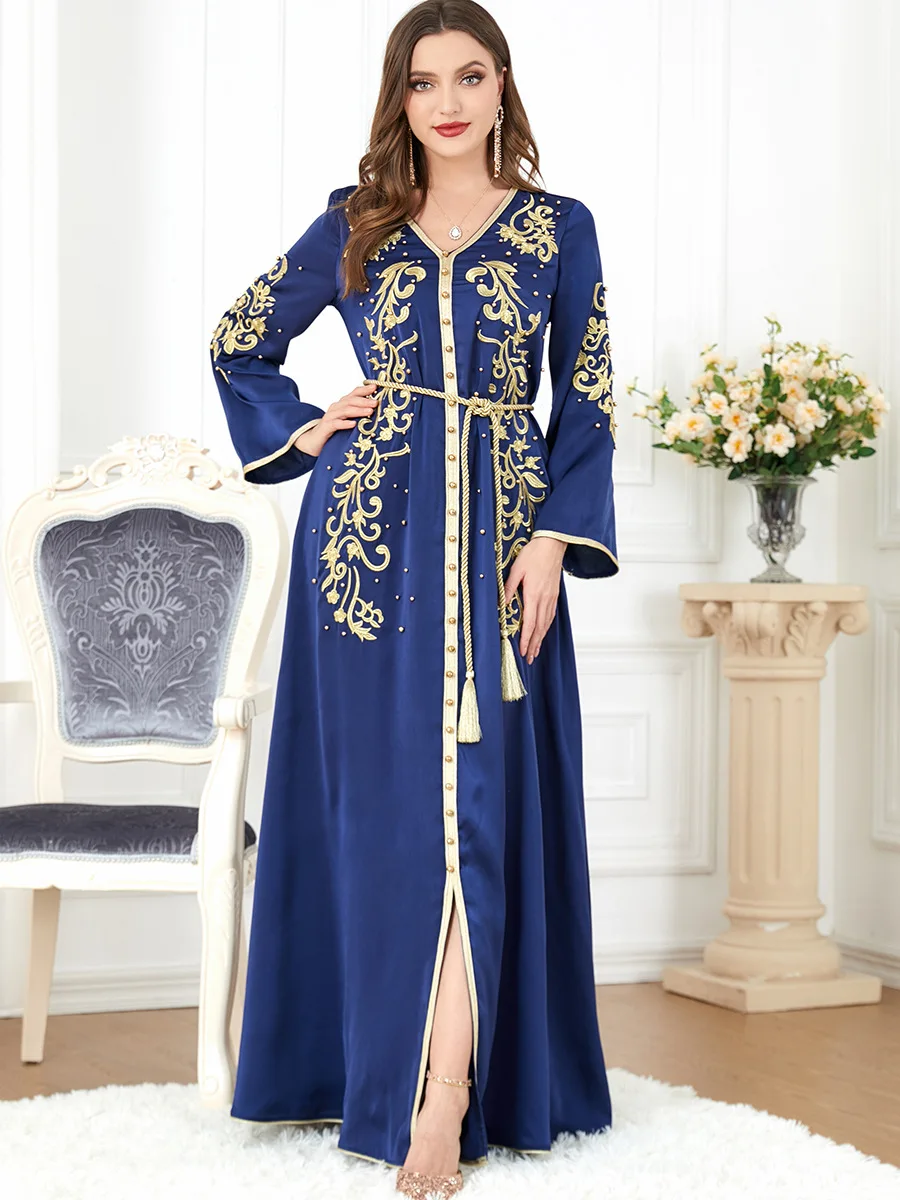 

Women Casual Elegant Maxi Dresses 2023 New Spring Autumn Luxury Long Sleeve Belt Print Muslim Turkish Evening Party Robe Vestido
