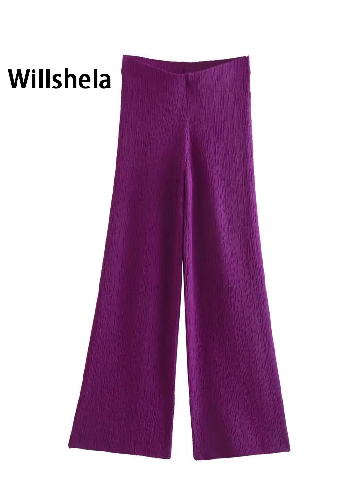 

Willshela Women Fashion Texture Solid Knitted Trousers Vintage Full Length Mid Elastic Waist Female Chic Lady Straight Pants
