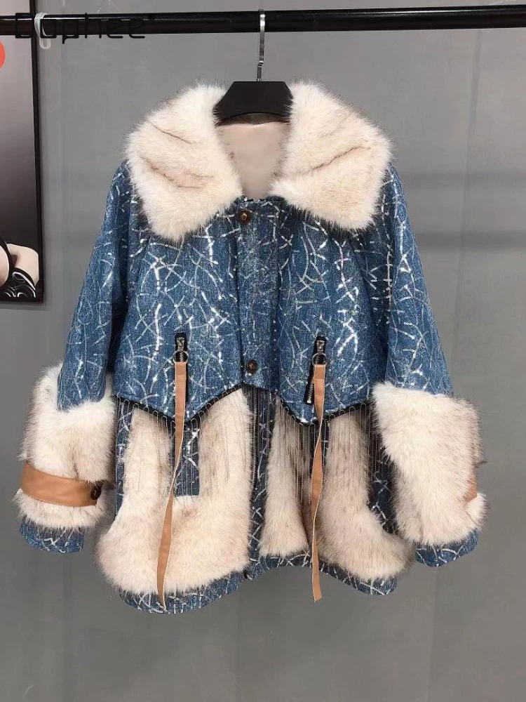Loose Winter Jacket Women 2022 New Korean Style Fashion Woman Denim Stitching Artificial Fur Mid-length Ciat Jaqueta Feminina