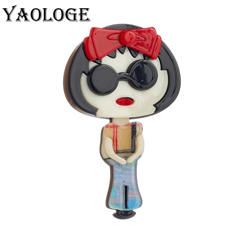 

YAOLOGE Acrylic Cute Bow Short Hair Girl Brooches For Women Kids New Design Cartoon Figure Pins Badges Accessories Jewelry Gift