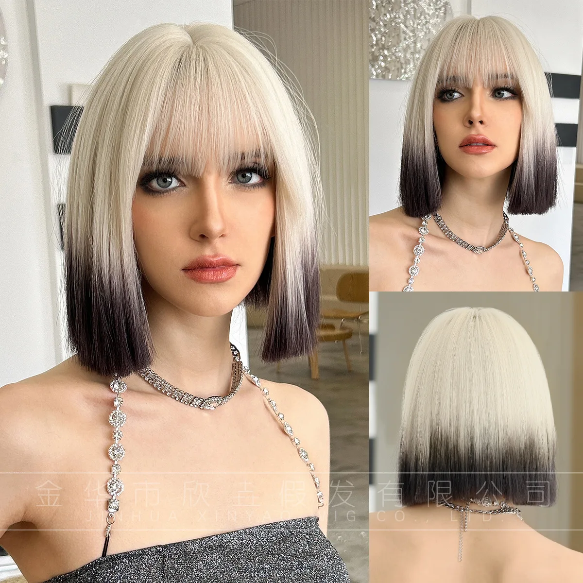 Парик GUHUAN Pink Root Silver Blue Ombre, короткий боб с челкой, градиентный, прямой, из синтетических волос, термостойкое волокно, для косплея (art.: 3920dbddcaf5e) - 3920dbddcaf5e