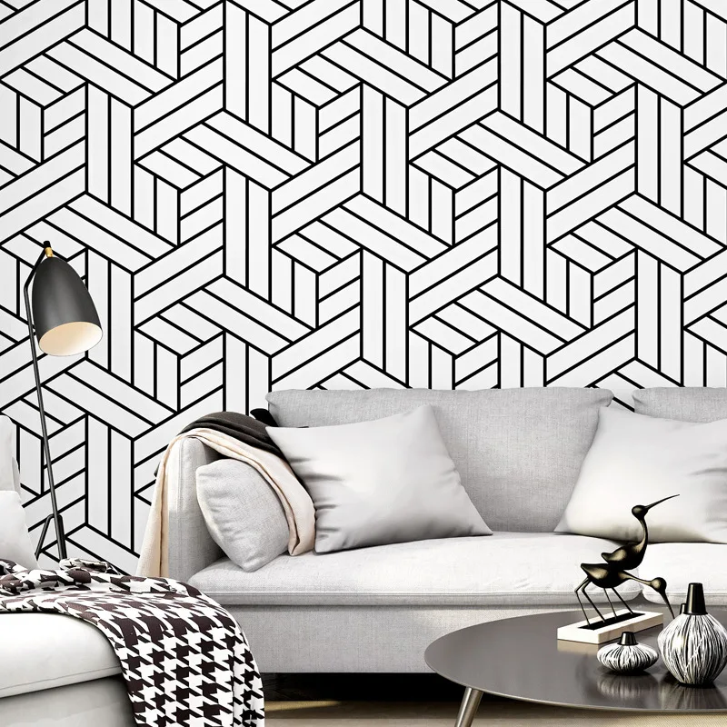 

Nordic style wallpaper ins TV background black and white grid geometric bedroom living room modern simple web celebrity wallpape