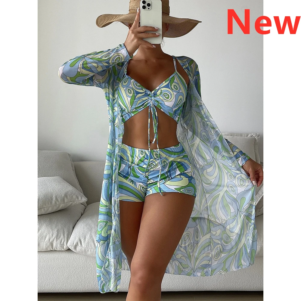 

3 Piece Bikini Set Cover Up Swimsuit for Women High Waist Bikinis Long Sleeve Push Up Swimwear 2023 Brazilian Beach Bathing Suit