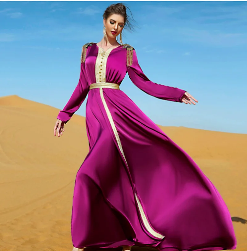 Blue Satin Abaya Dubai Turkish Islam Kaftan Arabic Long Muslim Dress Djellaba Femme African Dresses for Women Caftan Marocain