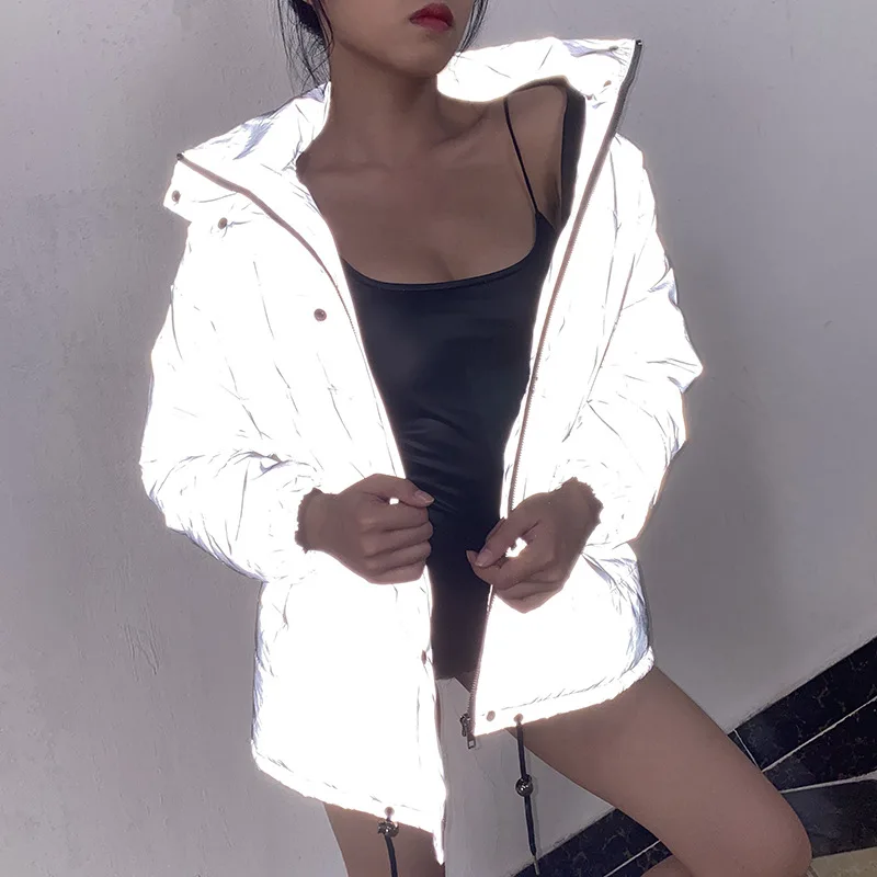Fashion Short Parkas Winter Reflective Warm Jacket Coats Outerwear Turtleneck Casual Cotton Parka Zipper Down Jackets Streetwear