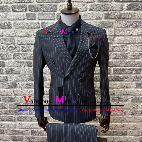 Костюм мужской двубортный в полоску, пиджак и брюки с лацканами, деловой костюм из двух предметов, двубортный