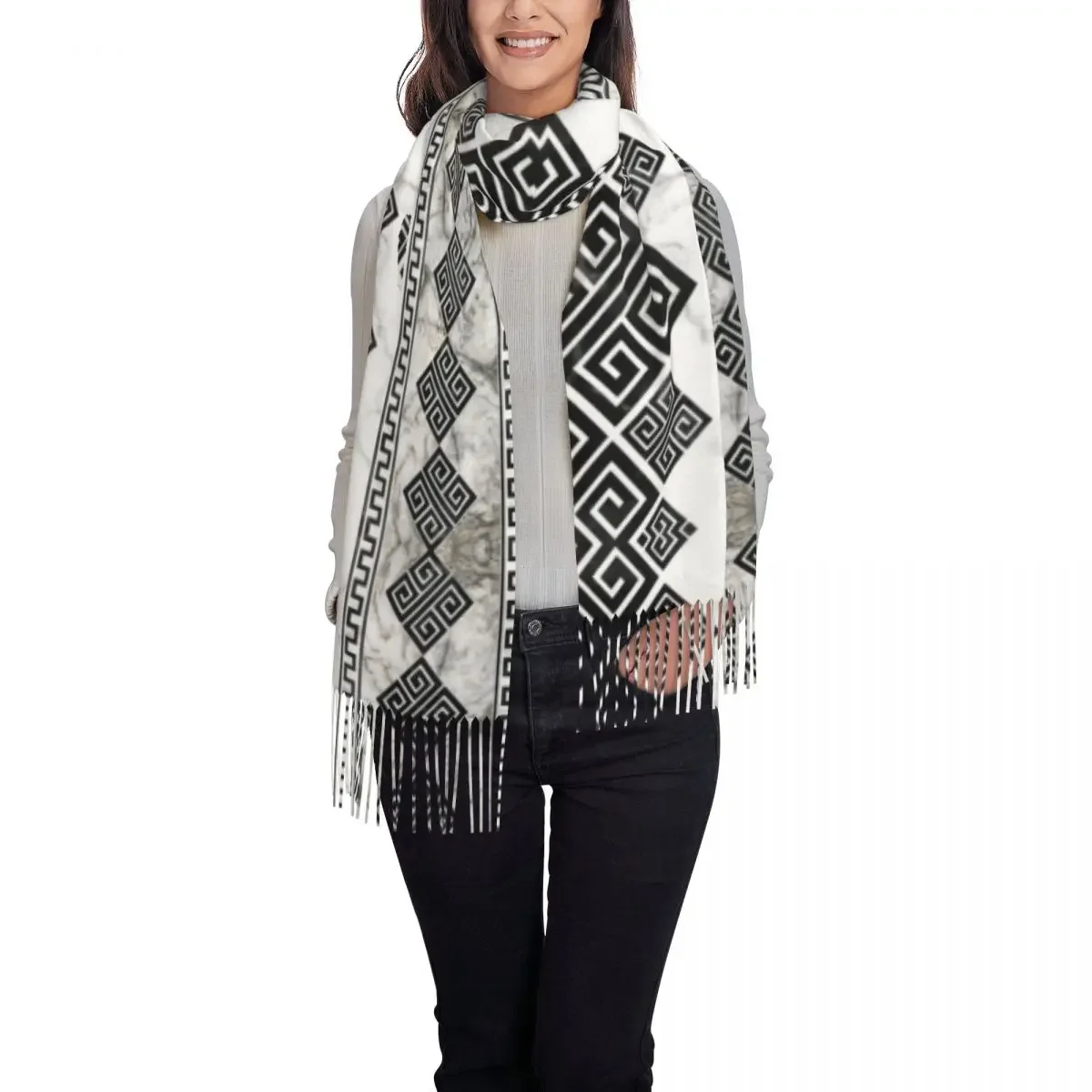 Шарф унисекс в виде греческого ключа длинный зимний и осенний теплый шарф с