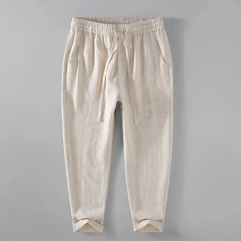 

Брюки-султанки мужские из хлопка и льна, тонкие дышащие повседневные штаны в полоску, универсальные свободные льняные брюки-султанки, весна 2023