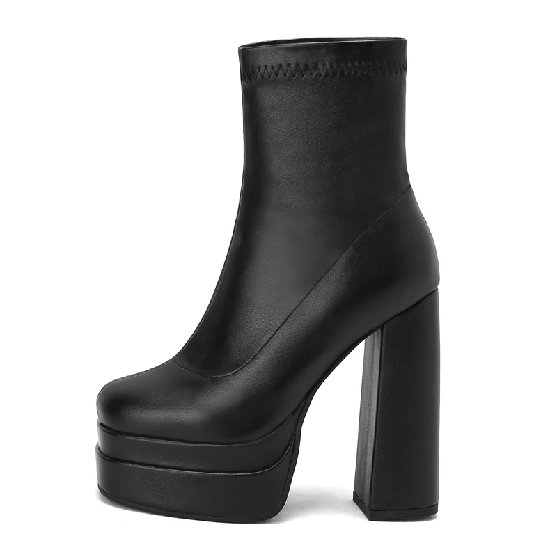 

2022 Winter Sexy Chunky Heels Waterproof Ankle Boots Fashion Square Head Slip-on Stretch Boots Big Size 35-48 New Women's Shoes