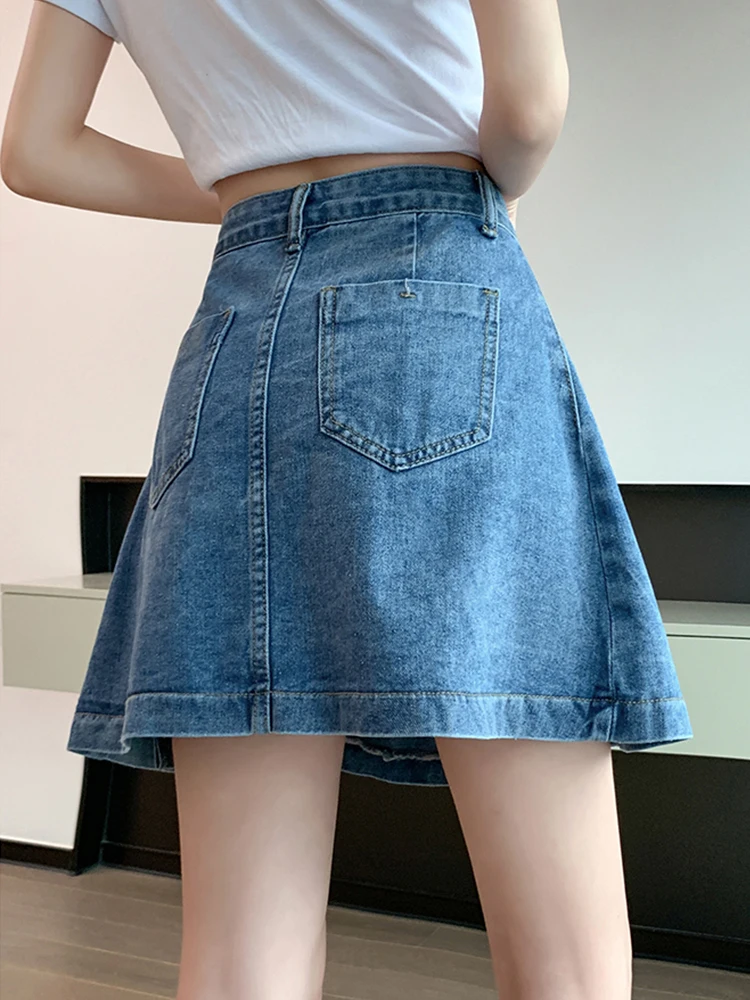 Summer Casual Women Empire Slim Pleated Denim Shorts Vintage Lady High Street Wide Leg Denim Culottes