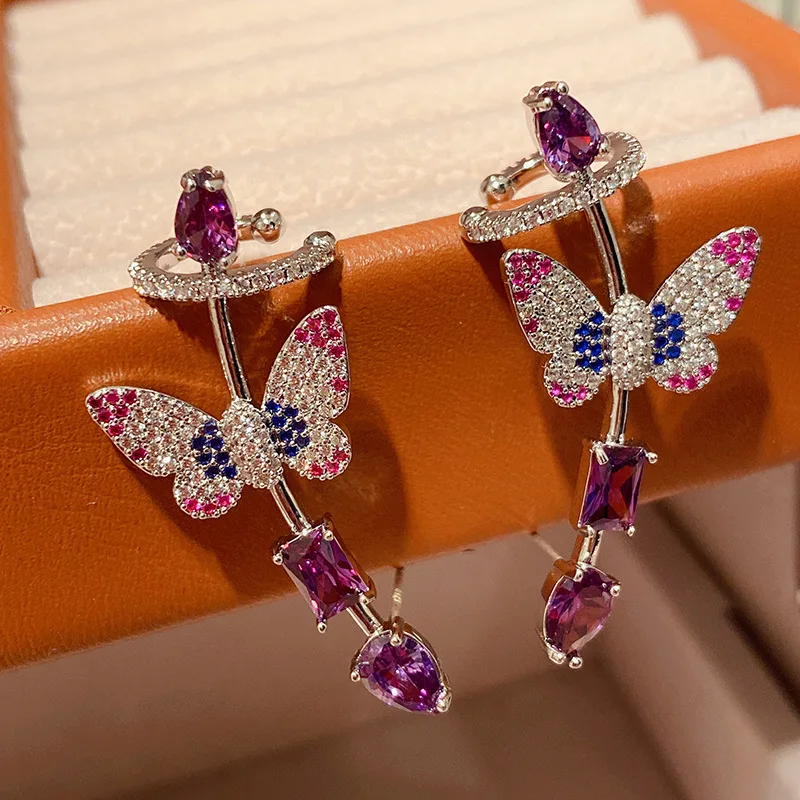 

Темперамент простота фиолетовый бабочка серьга ухо шпильки клип кубический для женщин кристалл циркон ювелирные изделия леди животное мода