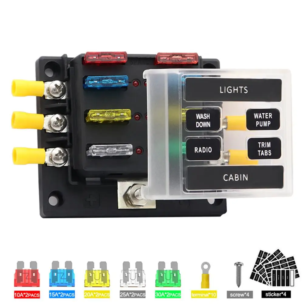 

12 32V 6 Ways Blade Fuse Box Holder with Short circuit Indicator Light LED Warning Indicator for Car Boat Marine Fuse Accessory