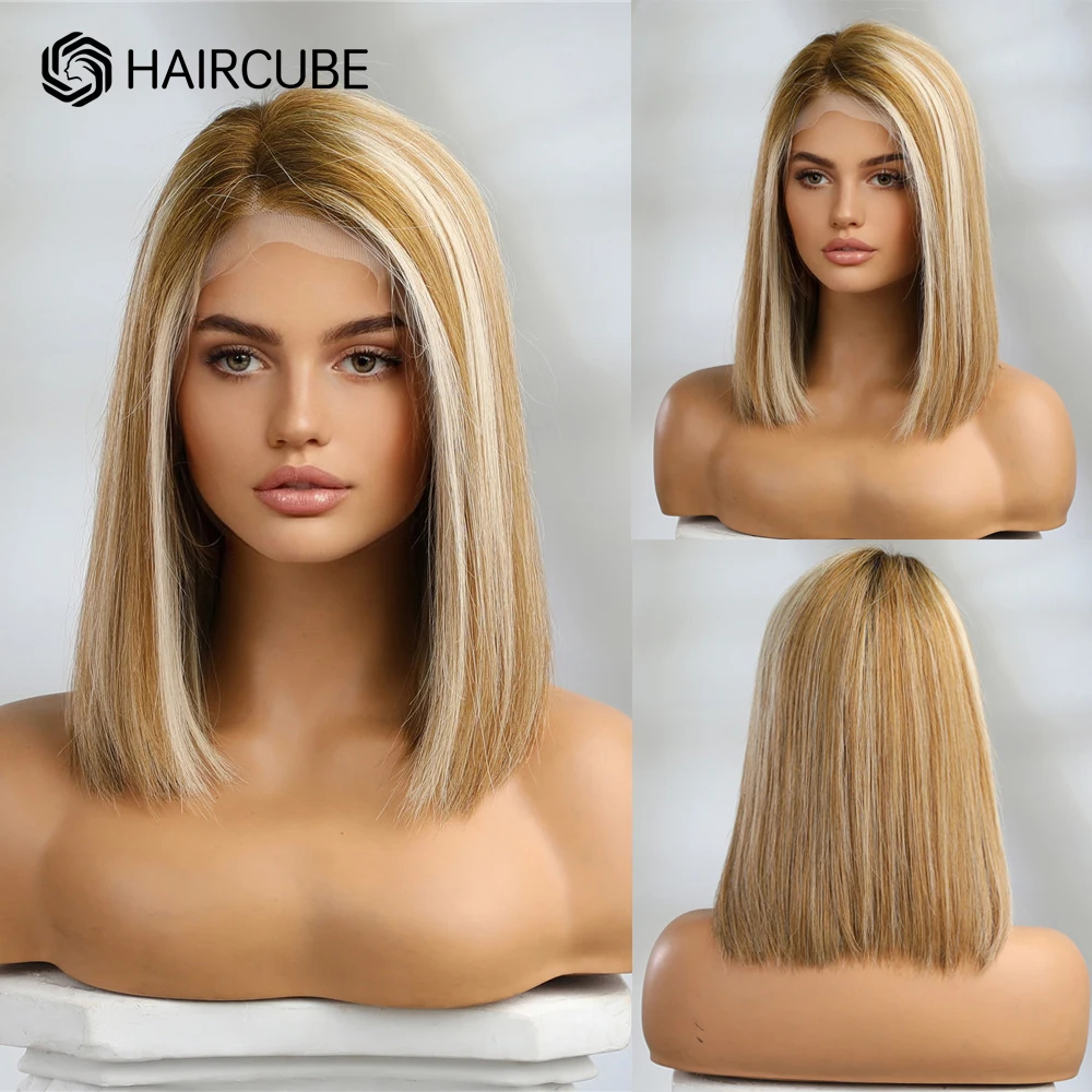 Mixed Bayalage Blonde Flaxen Brown Human Hair Highlight Bob Wigs for Women T-Part Lace Front Wig Remy Hair Side Part Lob Wig