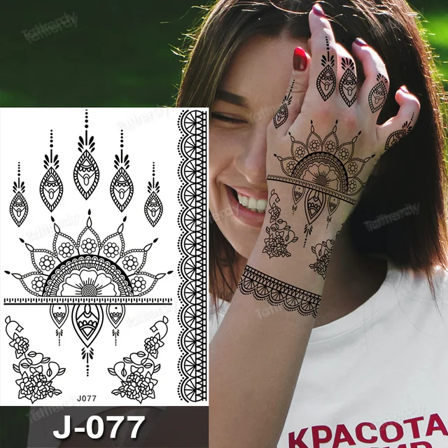 Sexy Lace Black Henna Temporary Tattoo Sticker Women Hand Jewelry Tatoo Paste Waterproof Fake Body Art Tattoo Wedding Indian 4