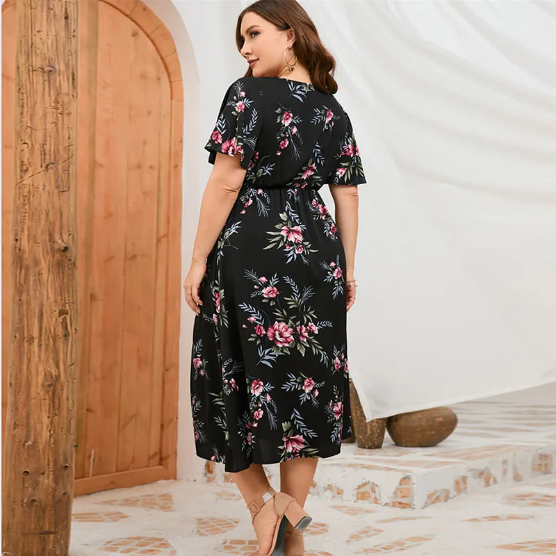 Plus Size Dresses Womens Summer 2023 New Fashion Elastic Waist Midi Floral Party Dresses Elegant Short Sleeve V Neck Dresses 5XL