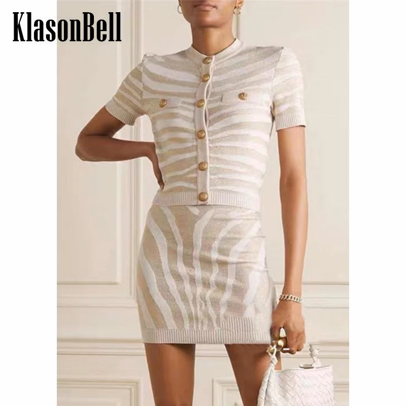 

7.12 KlasonBell Fashion Zebra Stripes Jacquard Gold Button Knitted Cardigan With Mini Skirt 2 Piece Set Women