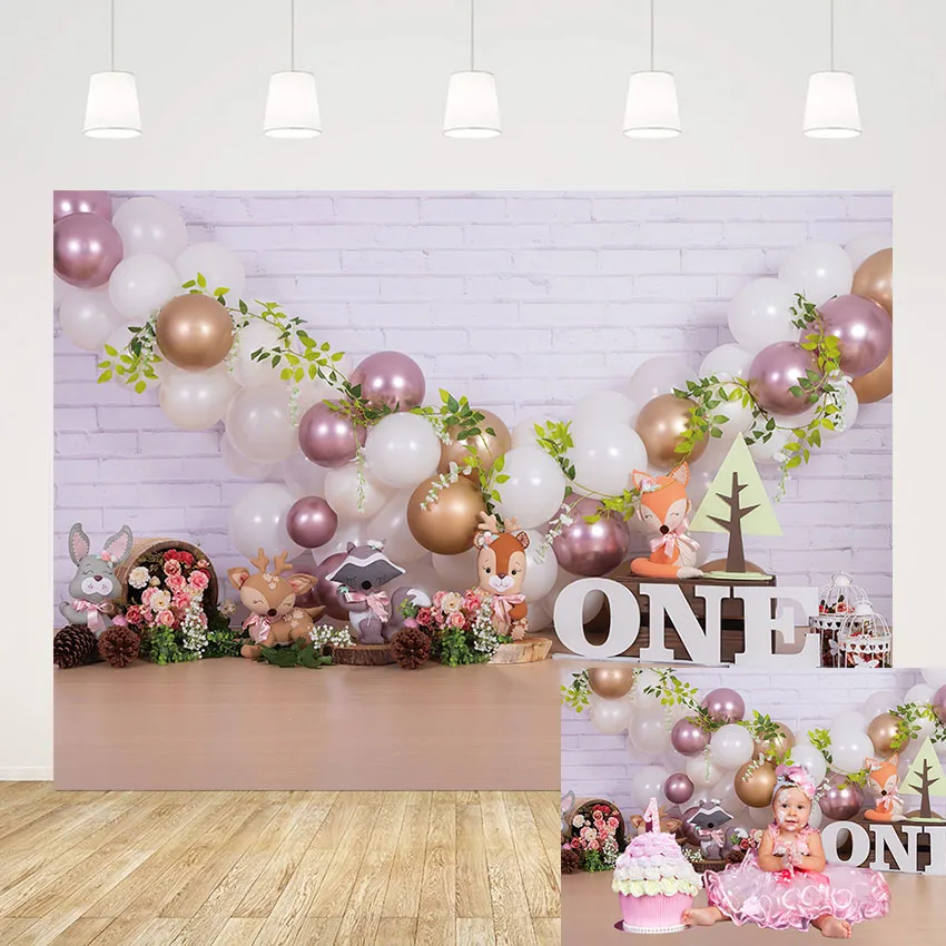 

Mehofond White Brick Wall Photography Background Animal Model Birthday Party Decoration Kids Girl Balloons Photo Backdrop Studio