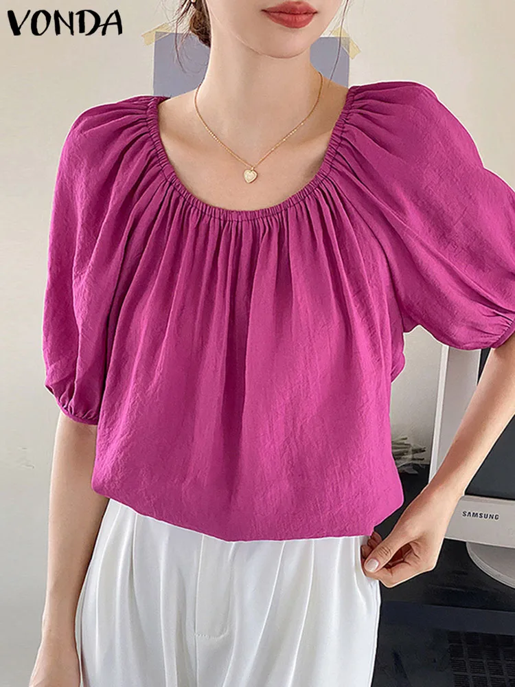 

Women Blouse 2023 Solid Color Bohemian Party Tops Elegant Short Lantern Sleeve Shirts VONDA Fashion Round Neck Tunic Blusas