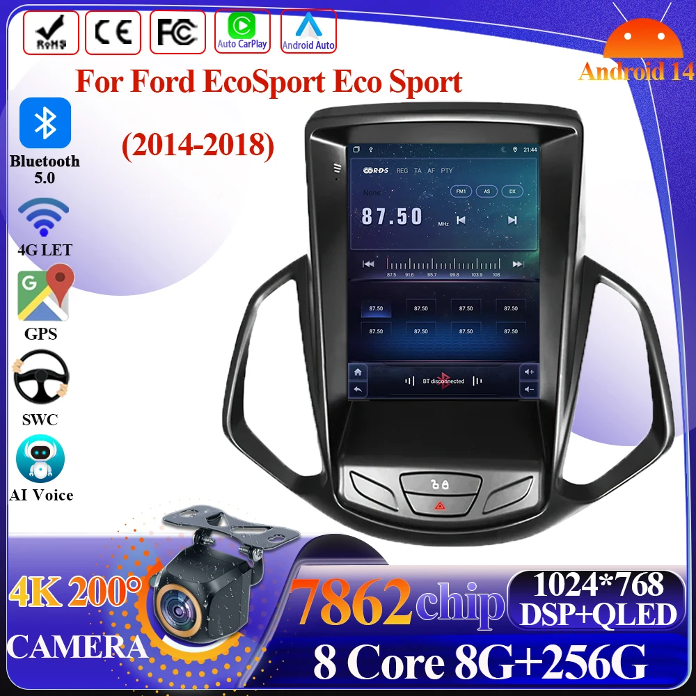 Беспроводной Android 14 Carplay для Ford EcoSport Eco Sport 2013-2018 tesla style 8-ядерный автомобильный