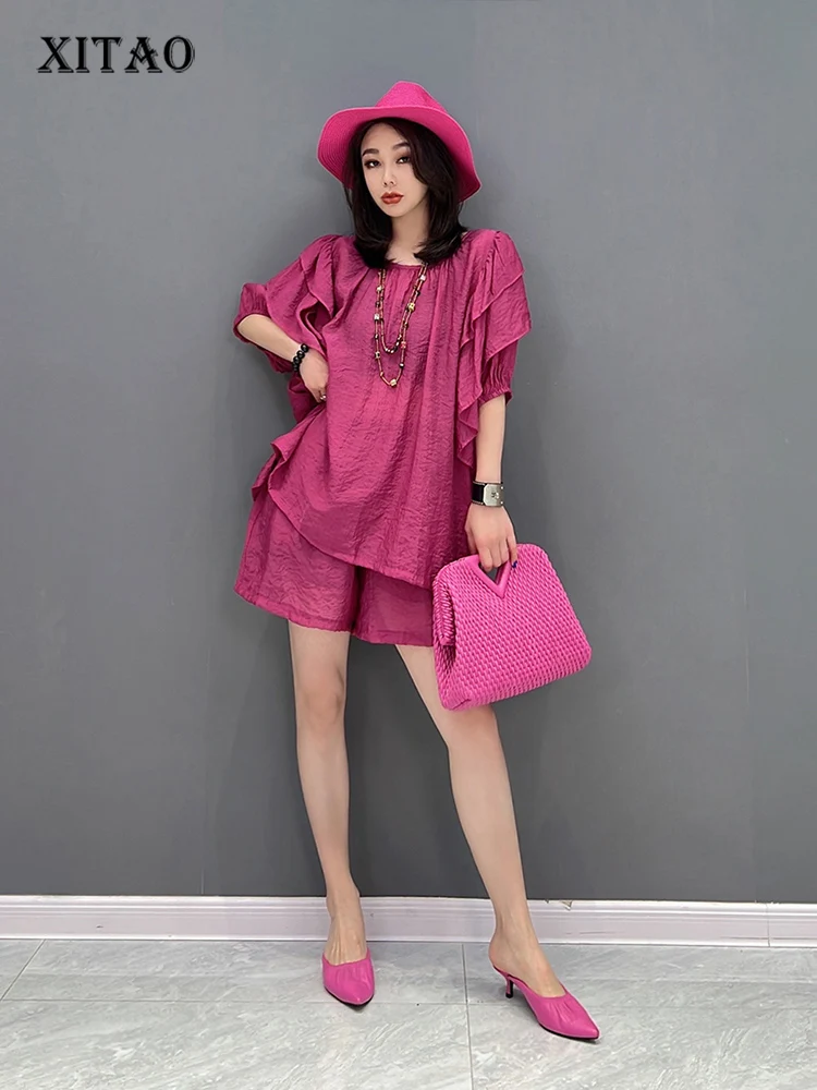

XITAO Casual Short Sets Fashion Loose Solid Color Ruffles Splicing Half Sleeve Summer New Temperament O-neck Women Top WLD8544