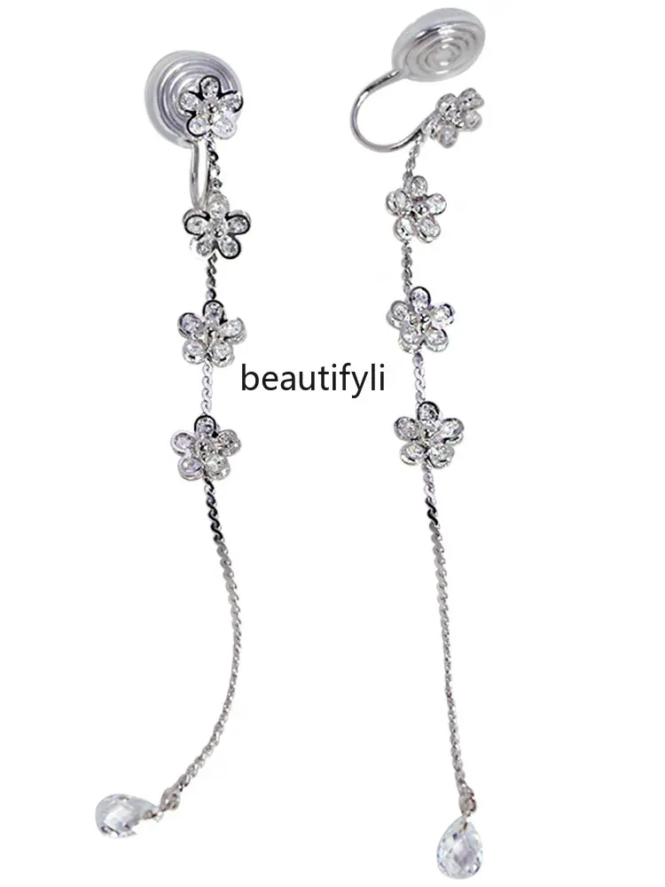

zq Long Flash Zirconium Flower Tassel Earless Ear Clip Face Slimming Water Drop Silver Needle Stud Earrings Female Earrings