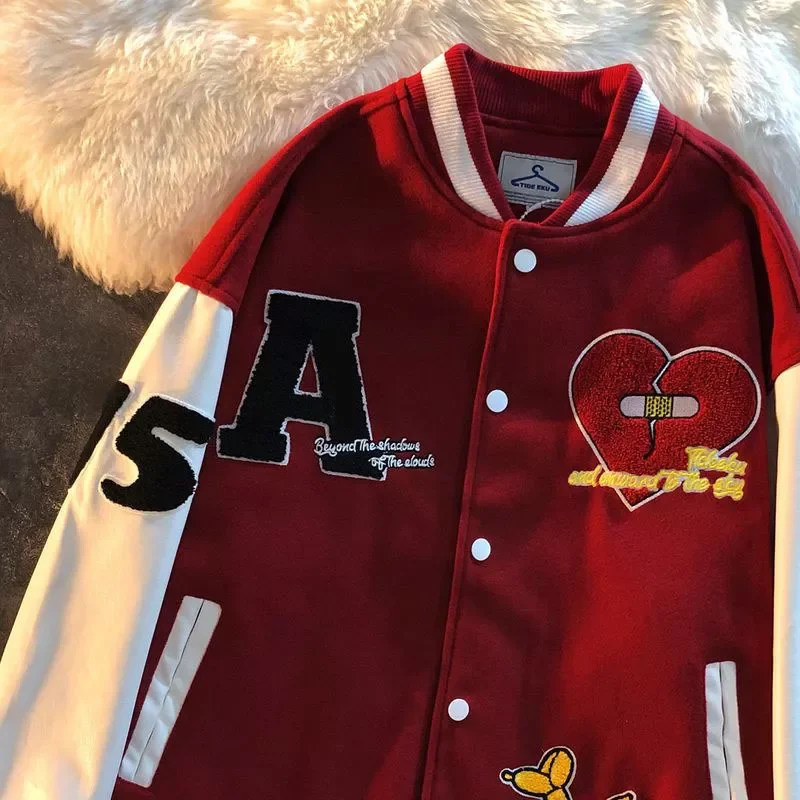 

New2022 vintage jacket flocking love red baseball uniform for men women hip-hop loose stitching high-end couple bomber coats