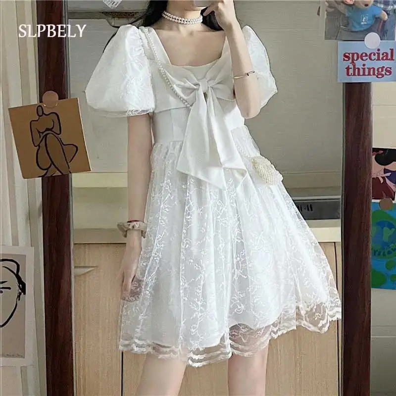 

SLPBELY Sweet Bow Mesh Mini Dress 2022 Summer French Elegant Lace Square Collar Lolita Dress Kawaii Vestido Korea A Line Dress