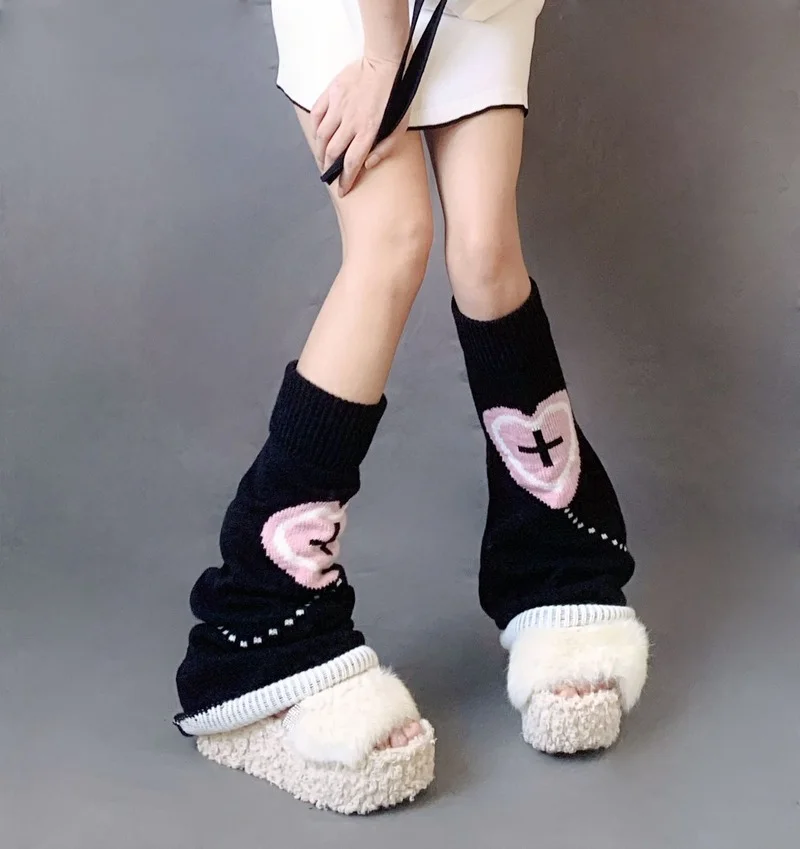 Harajuku Japanese JK Knitted Loose Punk Lolita Leg Socks Sweet Heart Printed Leg Warmers Socks Autumn and Winter Thin Leg Cover