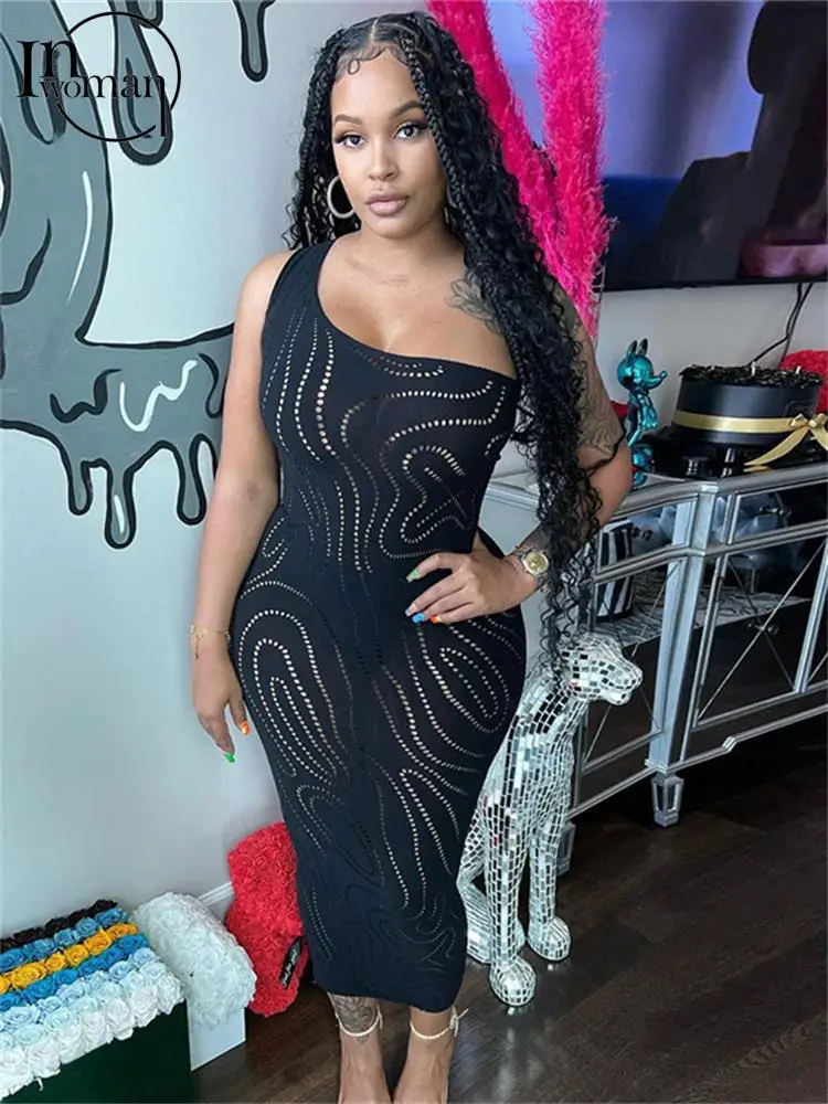 

Inwoman Black One Shoulder Hollow Out Long Dress Party Club Outfits For Women 2023 Summer Sexy Backless Bodycon Booty Maxi Dress