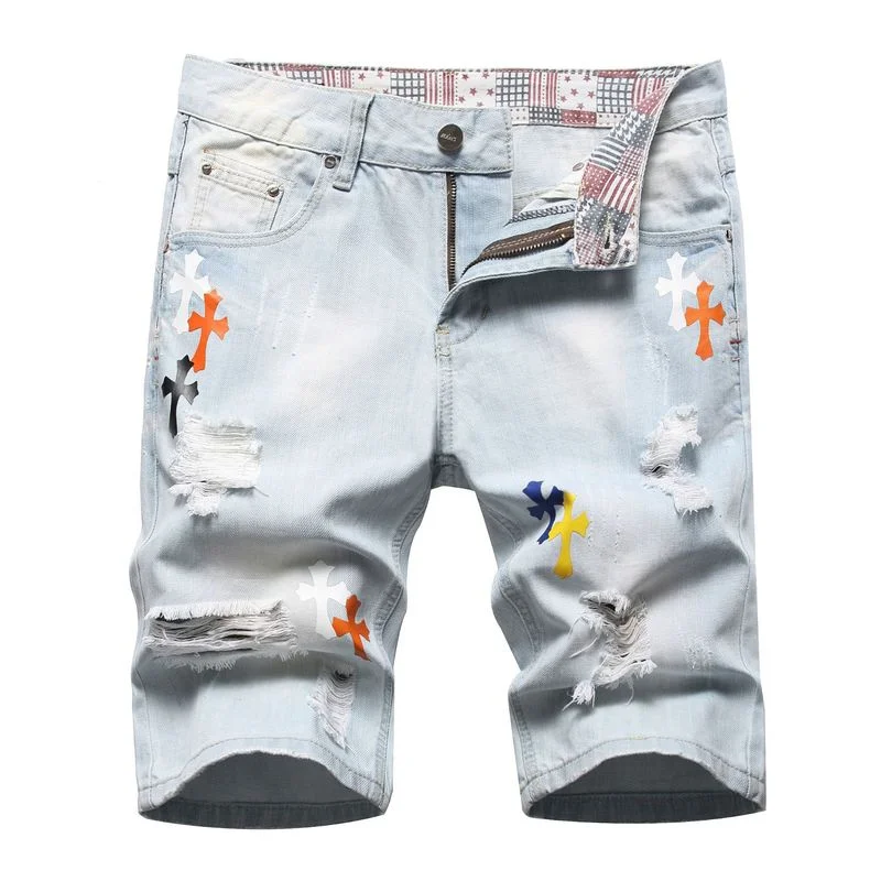 

Men Light Blue Denim Shorts Holes Jeans Shorts Good Quality Male Staight Knee Length Jeans Painted Street Wear Denim Shorts 42