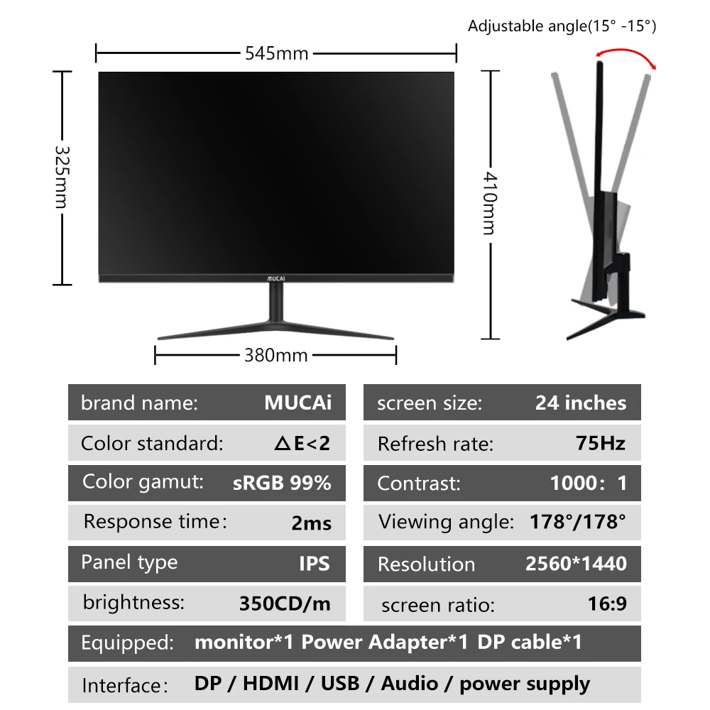 MUCAI 24/27 Inch 2K Monitor 75Hz Desktop PC Lcd QHD Display Gaming 100Hz Panel Screen Computer LED 2560*1440 HDMI-compatib/DP images - 6