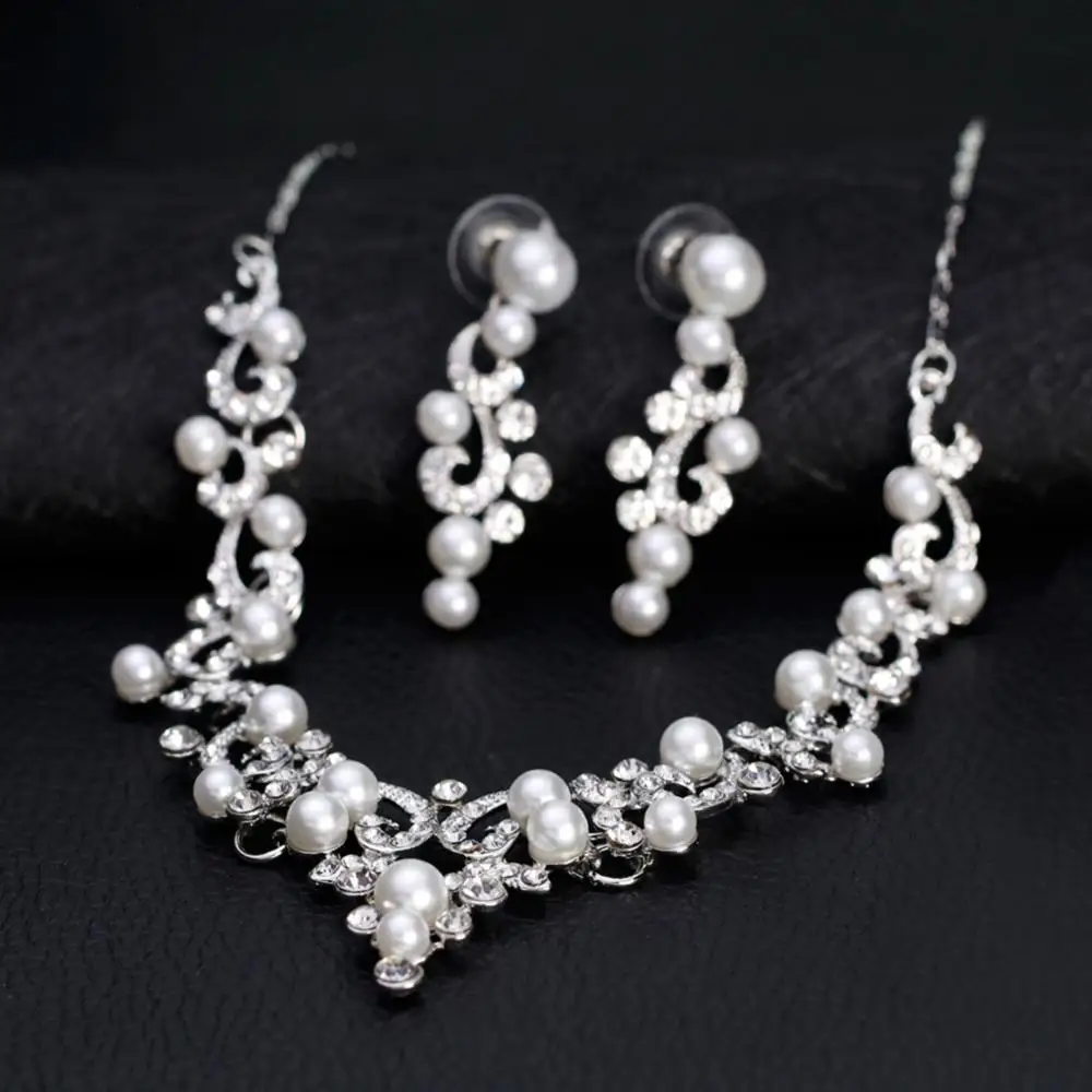 

Fashion Alloy Rhinestone Faux Pearl Necklace Earrings Women Bride Jewelry Set