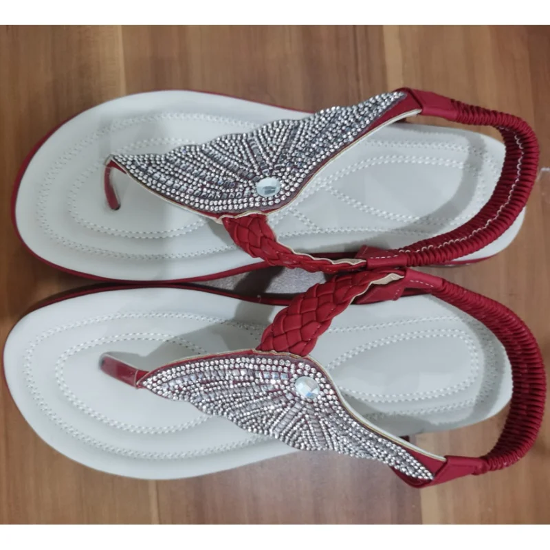 2023 New Bohemian Style Women Casual Summer Beach Sandals Rhinestone Decor Clip Toe Lady Flat Beach Gladator Sandals Size 35-43