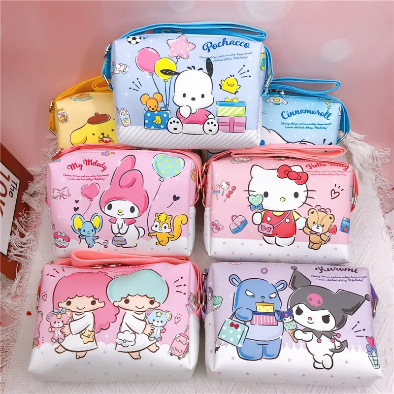 

Hello Kitty Girl's Shoulder Bag Sanrio Cartoon Kuromi Cinnamon Pochacco Leather Travel Crossbody Bag Large Capacity Storage Bag